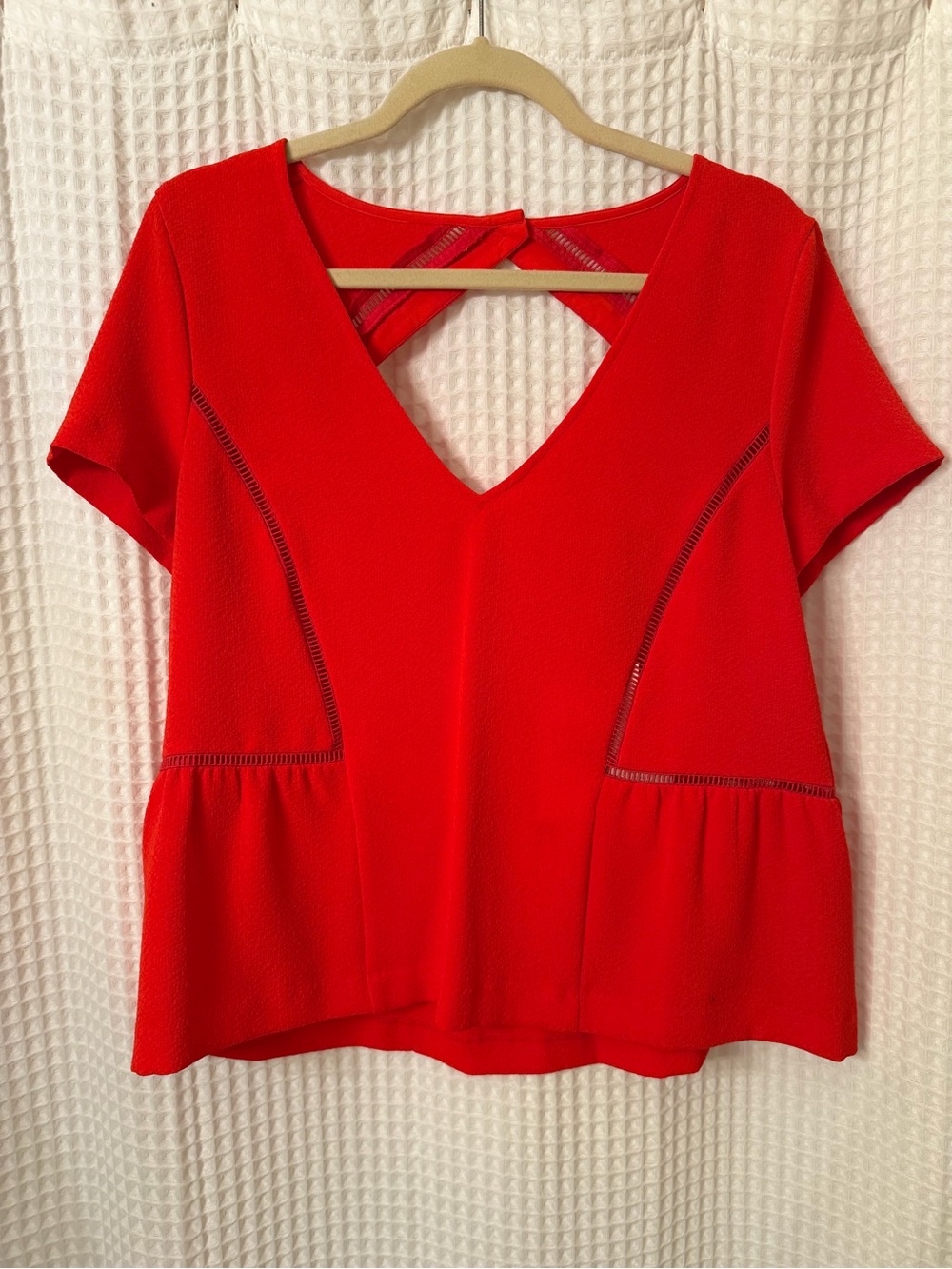 Sezane Red V-Neck Short Sleeve Peplum Top